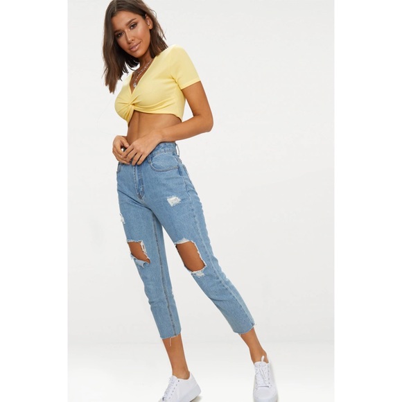 Lemon Rib Knot Front Short Sleeve Crop Top US0 NEW - Picture 6 of 9